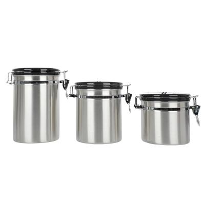 China Sustainable airtight stainless steel coffee canister with built-in co2 wheel valve and scoop and date tracking gunmetal color for sale