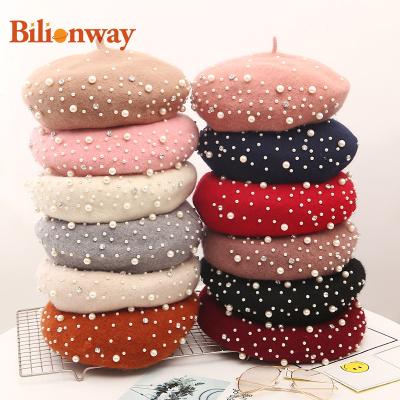 China Fashion\\durable wholesale warm beautiful comfortable custom embroidered cashmere beaded wool sequins women beret hat for sale