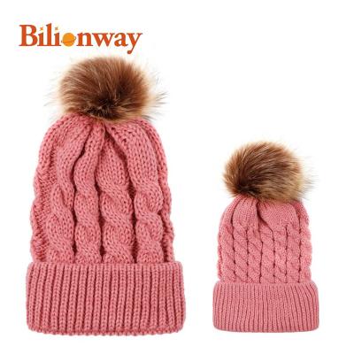 China Character Parent-child wool ball label fluffy flip fluffy flip children winter thick warm adult hat knitted beanies for sale