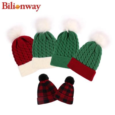 China Chunky Toddler Infant Plaid Soft Knit Red Custom COMMON Kids Pom Pom Christmas Beanie Baby Santa Hat for sale