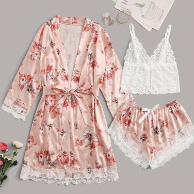 China Breathable Pijamas Lace Up Sexy Pajamas Printed Yukata Nightgown 3 Pieces Set Sling Ladies Lounge Wear Ladies Homewear Silk Women's Sleepwear for sale