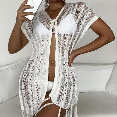 China 2022 Anti-Static Wholesale Beach Cardigan Blouse Dress Ripped Shoulder Sleeveless Mesh Cardigan Beachwear Women Top Dresses for sale