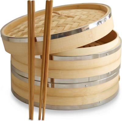 China Sustainable Steamer Basket Organic Bamboo Tall 2 Tier With Lid CE / EU LFGB Eco - Friendly SGS for sale