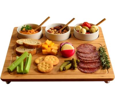 China Natural Bamboo Cheese Board, Wooden Charcuterie Tray with 3 Ceramic Bowls with Bamboo Spoons 33*33*5cm for sale