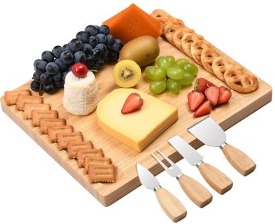 China Bamboo Cheese Board Set Charcuterie Board Cheese Platter Cutting Board With 4 Stainless Steel Knife 14.5*11.8*0.8 INCHES for sale