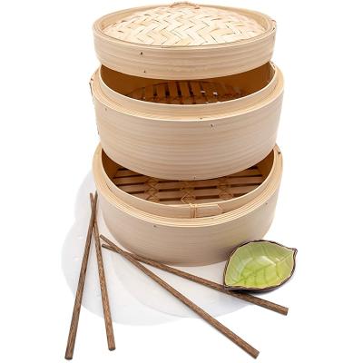 China Handmade Craft 10 Inch 2 Tier Stocked Natural Bamboo Food Vegetable Steamer Basket Set And Lid With for sale