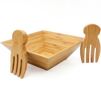 China Sustainable eco-friendly bamboo salad bowl set with serving hands wooden salad bowl for sale