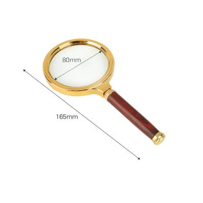 China MagnifierHandheld Magnification 10X Diameter 80MM Reading Newspaper Magnifier Wood Handle Gold Plated Magnifier Optical Testing MagnifierHandheld for sale