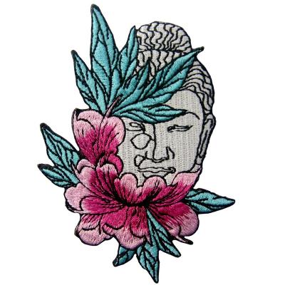 China 3D Buddha and Lotus Flower Applique Badge Iron Sew On On Embroidery Embroidered Patch for sale