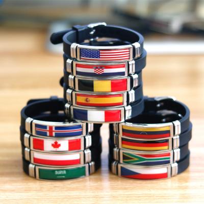 China Wholesale Sporting Silicone Football Fans Bracelet Stainless Steel Country Flag Adjustable Wristband for sale