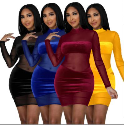 China 2022 Best Design Velvet Dress Spring Long Sleeve Women's Sheer Layer Shorts Dry Cleaning Fashionable Sexy Tight Dresses Mesh Dress for sale