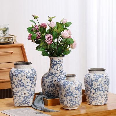 China High Temperature Fired (1300 Degrees) Wholesales Vintage Chinoiserie Pattern White And Blue Ice Crackled Flower Bud Ceramic Vases For Home Decor for sale