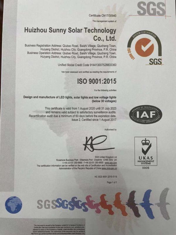 ISO9001 - HUIZHOU SUNNY SOLAR TECHNOLOGY LTD