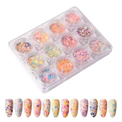 China Holographic Glitter Butterfly Nail Glitter Powder Flakes Nail Art 12 Boxes Shiny Nail Art Decoration for sale