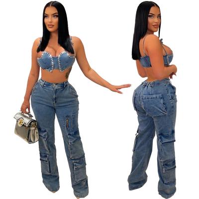 China Breathable 2023 New Fashion Retro Multi-Pocket Pants Women Cargo Denim Pants Streetwear Vintage Loose Straight Jeans for sale