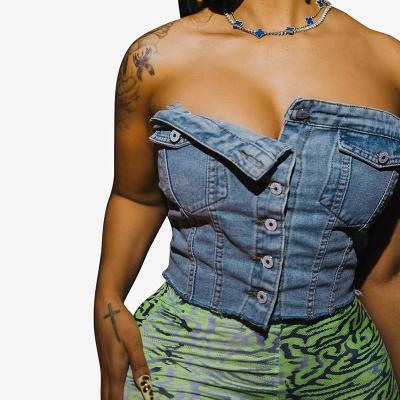 China Breathable Fashionable Y2k Clothes Single Breasted Femme Sexy Corset Top Washed Denim Tops For Women for sale