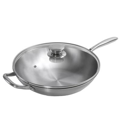 China Single ear wok tri ply 304 sustainable high quality stainless steel single handle with glass lid for gas use for sale