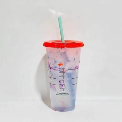 China Newest 24 Ounce Sustainable Marble Swirl Colors Changing Custom Logo Reusable Plastic Cups With Lid for sale