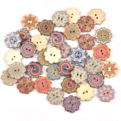 China Folk Art DIY Handmade Material Retro Button Gear Printing Flower 20/25mm Shape Wooden Buttons for sale