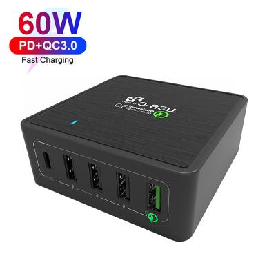 China VINA 5-Port 60W Mobile Phone Type-C Fast USB Charging Station Mobile Phone Charging Station with QC 3.0 and Type-C Output for sale