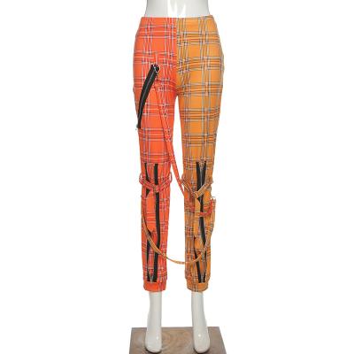 China 2021 New Breathable Fashionable Zipper Waist Tartan Ribbon Splicing Pencil Pants Women's Pants for sale