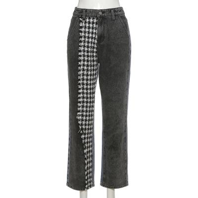 China Viable fashion color grid in contrast spliced ​​2021 straight leg female jeans leisure wide-leg pants for sale