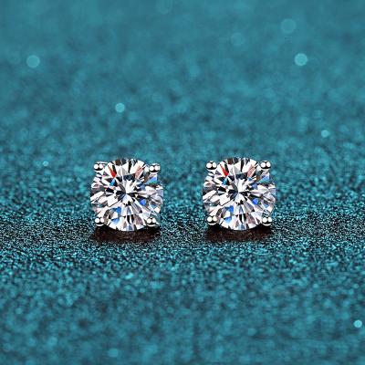 China Classic Four Fork Stud Geometric Diamond Moissanite Earrings Sterling Silver 0.5 ct Round D Moissanite Earrings for sale