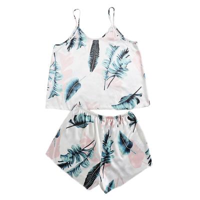 China Sling QUICK DRY V-Neck Satin Tropical Pajamas Set Factory Print Women Sleepwear Nightgowns Summer Casual for sale