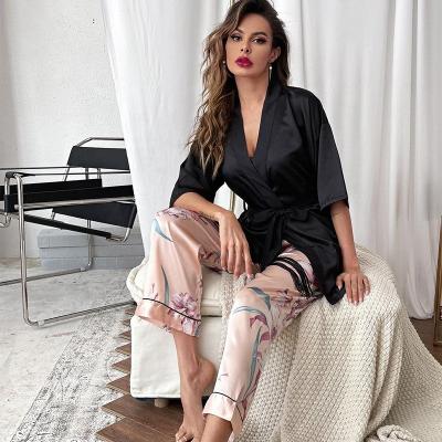 China QUICK DRY ladies pajamas 3 pieces set hot sexy suspender skirt printed pants ice silk homewear women 19322139 for sale