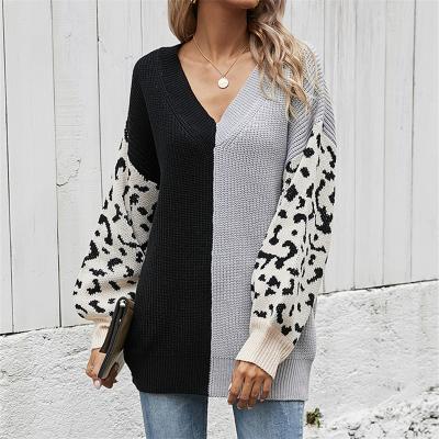 China New Autumn And Winter Amazon V-neck Loose Women's Sweater Anti-wrinkle Leopard Print Knitted Quilted Sweater Women's Sweater Sweater for sale