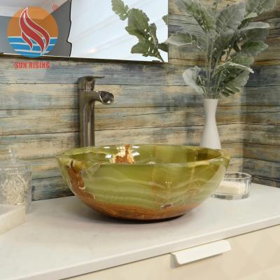 China Modern Highly Polished Marble Green Onyx Bathroom Vessel Sinks for sale