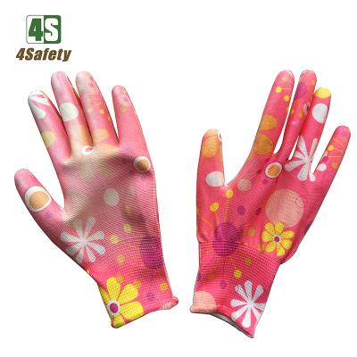 China Breathable 4SAFETY Flower Design Nylon PU Coated Agriculture Lady Garden Gloves for sale