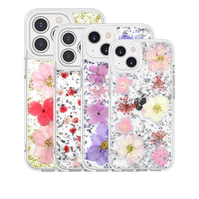 China Shockproof Real Flower Epoxy Rubber Case For iPhone 13 Pro Clear Soft Hard PC TPU Glitter Full Shockproof Covered Case For iPhone 12 for sale