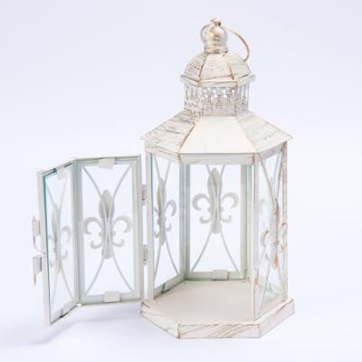 China Hot Sale Romantic Hexagon Shape Color Tinplate Candle Lantern Glass Candle Hanging Lamp For Home Decor for sale