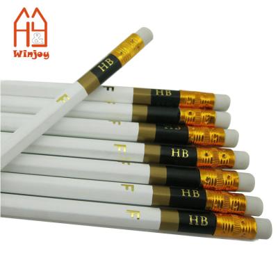 China Stamping Pencils 190mm Hexagonal HB Pencil Edged With Gold Olive Gold Logo White Eraser For School Custom Kids for sale