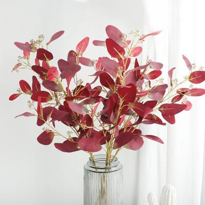 China Fashional Artificial Flower Hot Selling Simulation Leaves Eucalyptus Silver Artificial Red Leaves For Wedding Home Decoration for sale