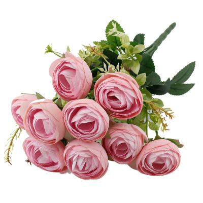 China Fashional Artificial Flower 9 Forks Camellia Tea Rose Bouquet Artificial Flower For Wedding Decoration for sale