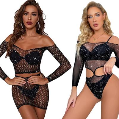 China Sexy Women Blingbling Body Stocking With Crotchless Elegant Multi Sleeve Sheer Jumpsuit Crotchless Sheer Bodysuit 2023 Style Nylon Mature Women's Stockings for sale