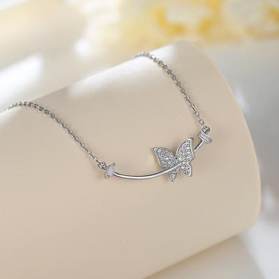 China JON S925 Romantic Silver Rose Rhinestone Butterfly Necklace Butterfly Chains Cuban Crystal Necklace for sale