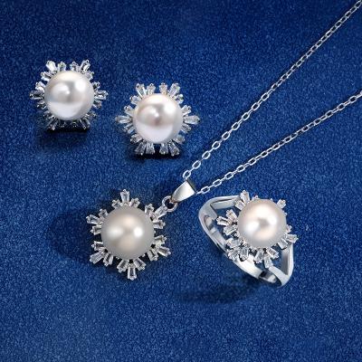 China Romantic JON Zircon S925 Sterling Silver Jewelry For Women Girls Wedding Engagement Flower Pearl Necklace Earring Ring Pendant Set for sale