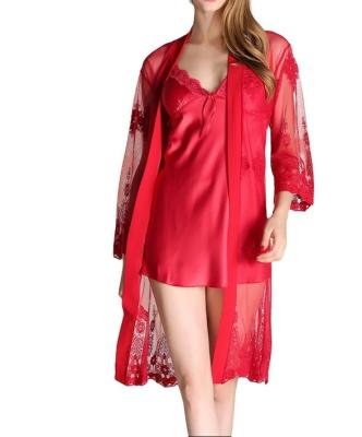 China Breathable OEM Customized Womens Robe Set Women Silk Sleepwear Pajamas 100% Tulle Custom Embroidery Logo for sale