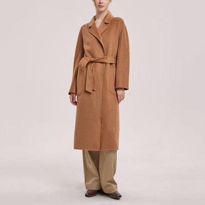 China 100%Merino Wool Women's Windproof Long Winter Patch Pocket Belted Wool Coat for sale