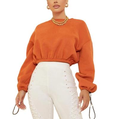 China Anti-wrinkle women orange cuff drawstring solid crop pullover warm and cute sweatshirt for sale