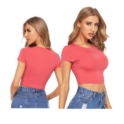 China Compressed Women's Casual Short Sleeve Scoop Neck Fitted Plain Cotton Logo Basic T-Shirt Custom Ladies Crop Top for sale