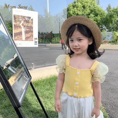 China Breathable Baby Girl Toddler Girl Puff Sleeve Breathable Lace Shirt Infant Ribbed Button Short Tee Infant Solid Top Blou Summer Blou for sale