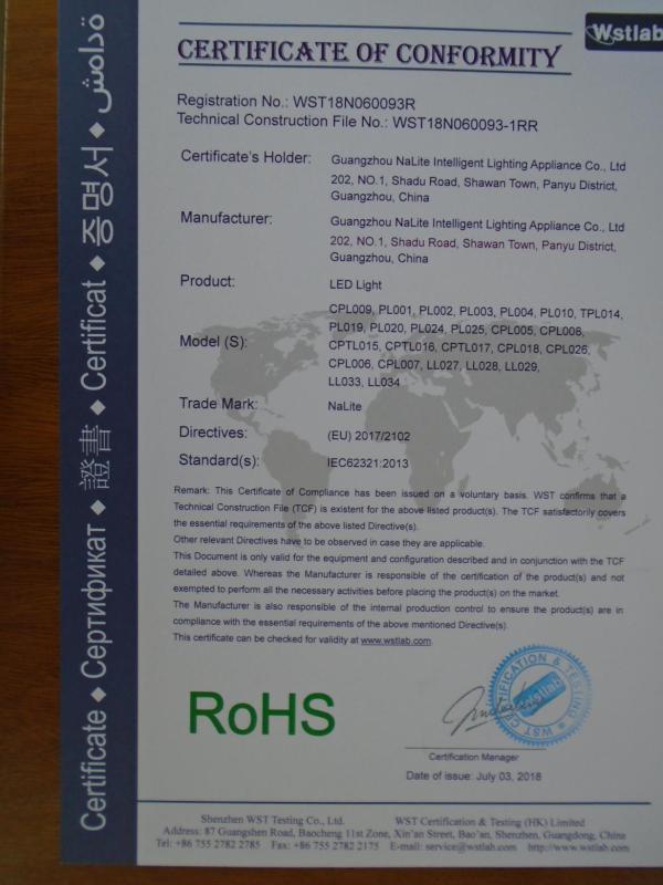 RoHS - Guangzhou Nalite Intelligent Lighting Appliance Co., Ltd.