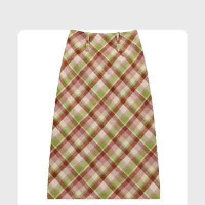 China Anti-Static 2024 new autumn and winter high-waisted lean green brown plaid mid-length woolen plaid skirt woman women's dresses for sale