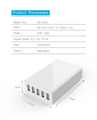 China Mobile Phone/Pad/Tablet Pad ZONSAN USB Charger 40W 8A 5 USB Left Desk Charging Station with Multiple Port for iPhone iPad Galaxy Huawei Tablet for sale