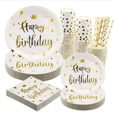 China Break Down Loading Cake Gold Foil Happy Birthday Party Decoration Disposable Gold Birthday Party Tray Knife Fork Spoon Supplies for sale