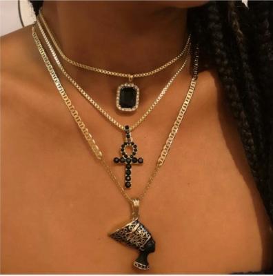 China Black Multilayer Crystal Pharaoh Egyptian Cross Necklace Bohemian Women Necklace Set Statue Nickel Free for sale